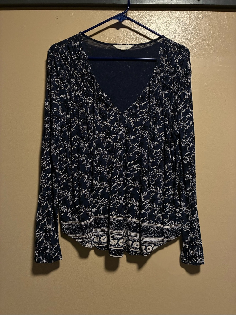 Lucky Brand Navy and White Floral V-Neck Long Sleeve Blouse